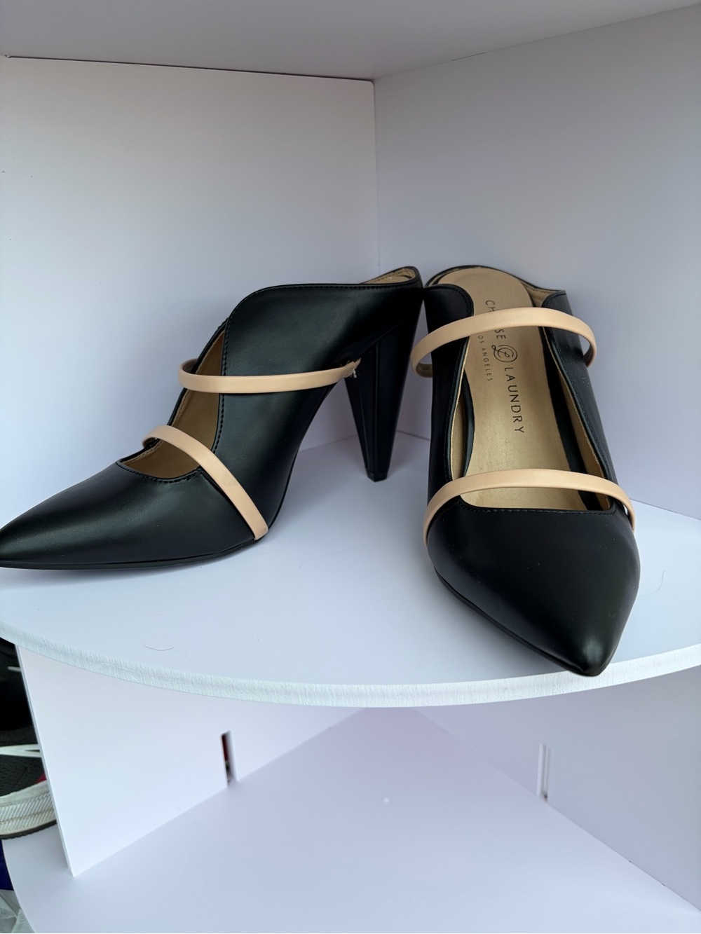 Chinese Laundry Black and Tan Mules with Modern Silhouette Please note no box.